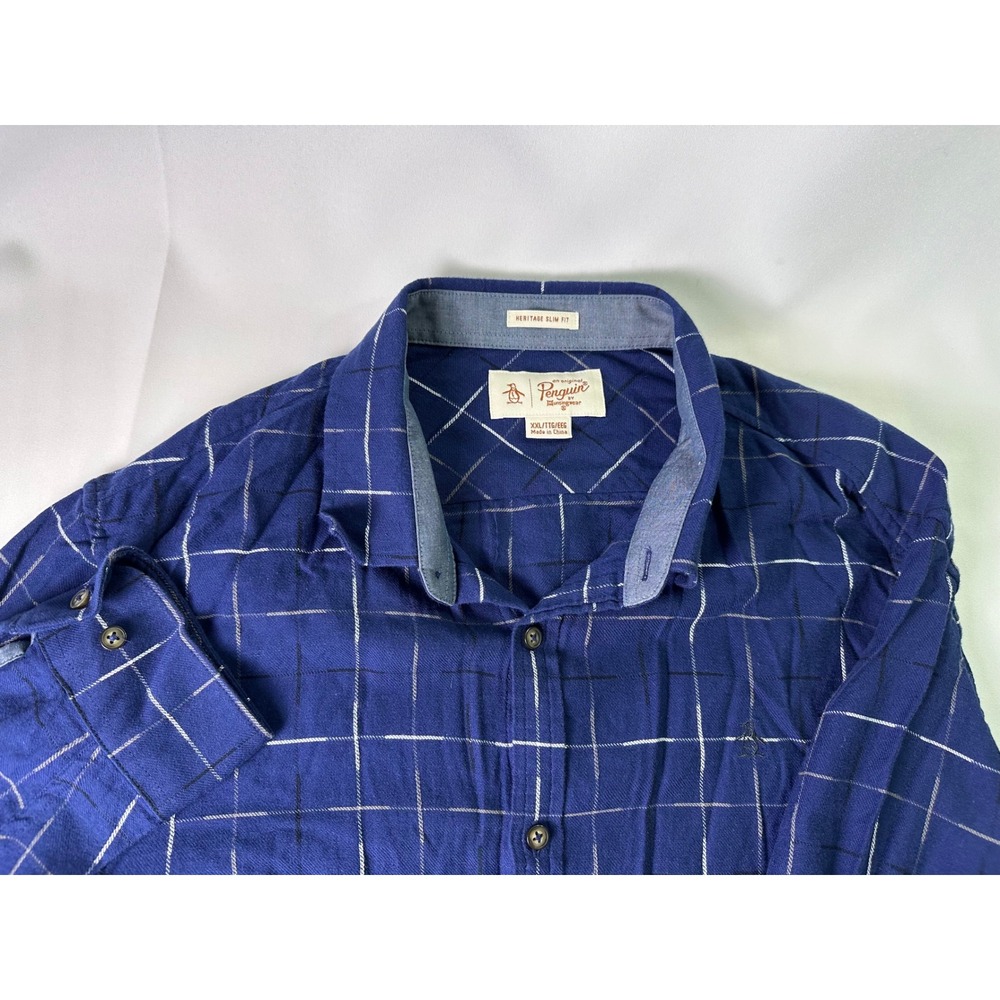 Original Penguin 2XL Heritage Slim Fit Blue‎ Plaid Button Down Shirt Mens Cotton